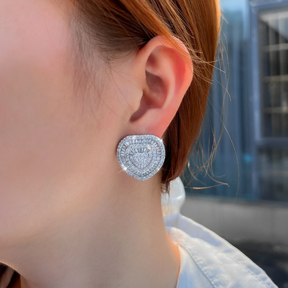 Copper Style Earrings Elegant Shiny Cubic Zirconia Silver Large Heart-Shaped Earrings Women's Party Wedding Jewelry Accessories