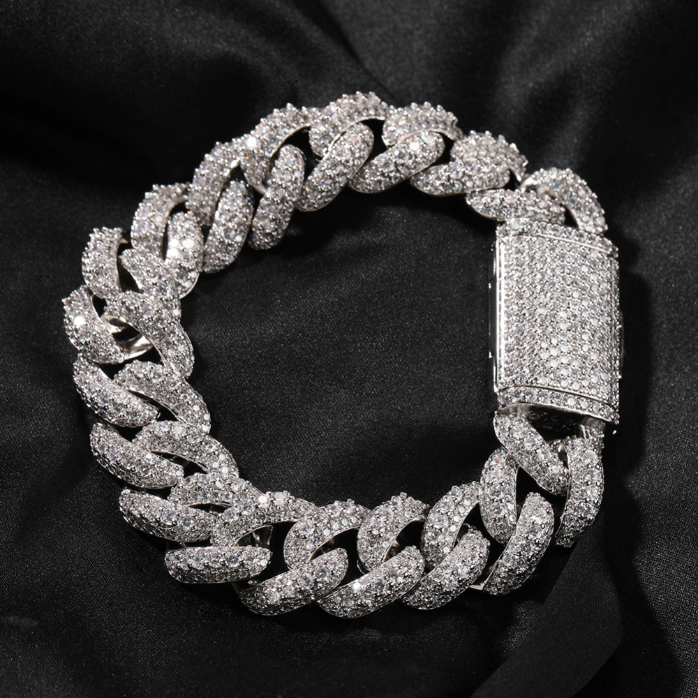 Men's Hip-Hop Bracelet High-End Texture Copper Inlaid Zirconia Gold-Plated Geometric Pattern Silver 18mm Cuban Chain Jewelry Box Clasp Personality