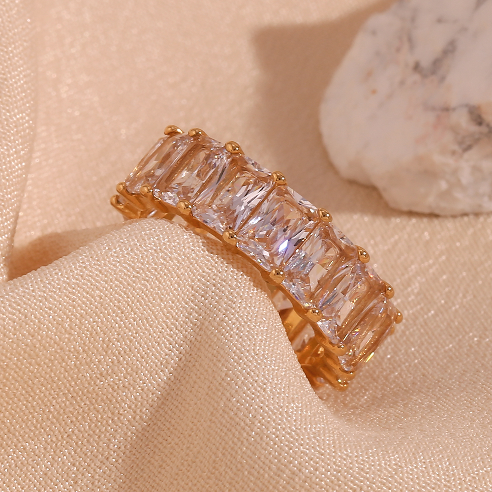 304 Stainless Steel Geometric PVD Coated Zircon 18K Gold Plated Real Gold Plated Basic Simple Style Classic Style Waterproof Non Tarnish Plating Inlay Rings