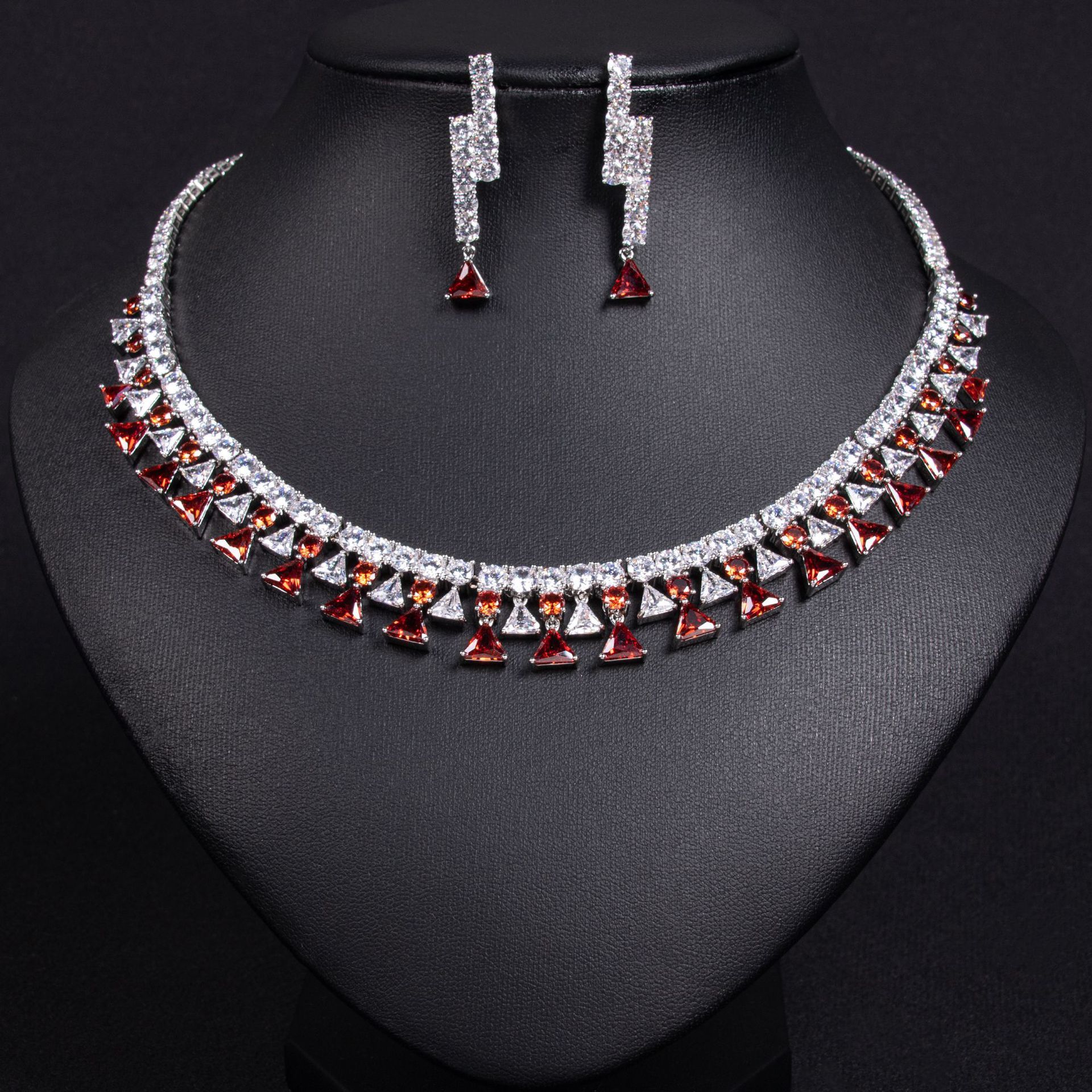 Elegant Women's Geometric Triangle Zircon Jewelry Set Sparkling Earrings Necklace Fashionable Minimalist Copper Alloy