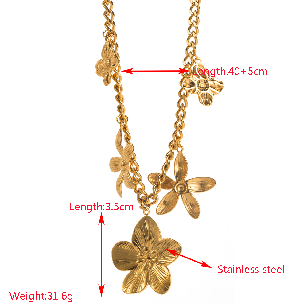 Titanium Steel Pentagram Flower Plated 18K Real Gold Plated Casual Modern Style Classic Style Pearl Cuban Link Chain Curb Chain Cable Chain Gold Multi Charms Necklace