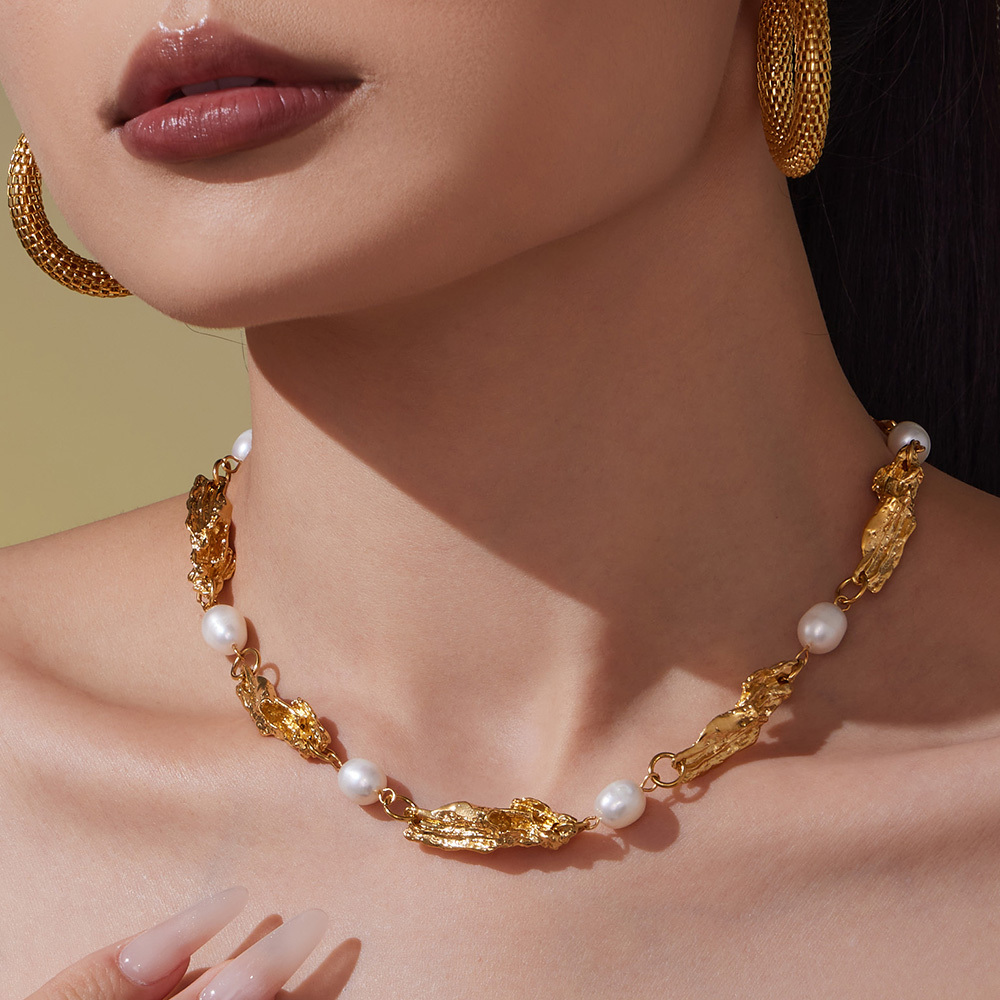 Freshwater Pearl Irregular Heavy Craft Accessories Bracelet Necklace Stainless Steel 18k Gold Plated  Style Exaggerated Jewelry