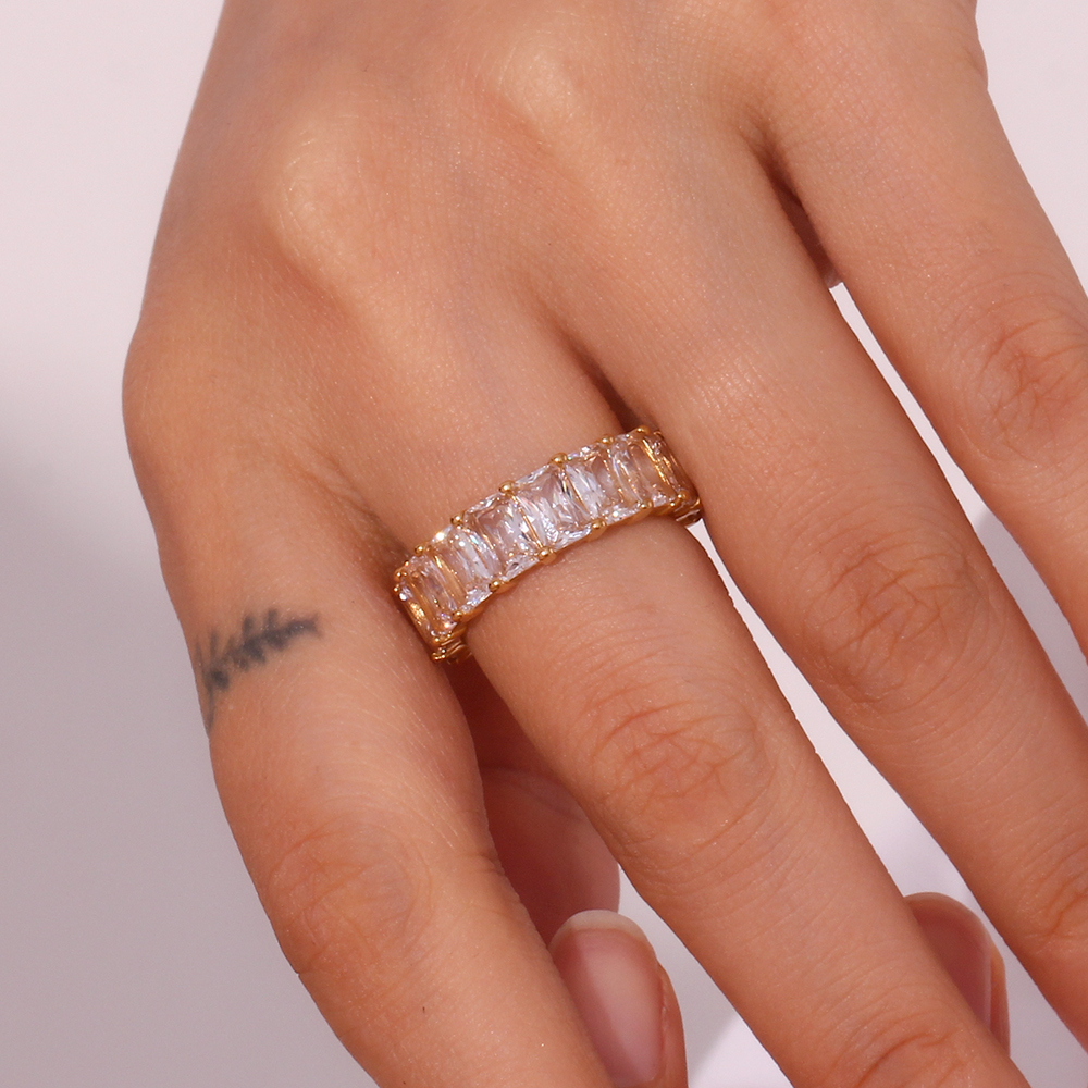 304 Stainless Steel Geometric PVD Coated Zircon 18K Gold Plated Real Gold Plated Basic Simple Style Classic Style Waterproof Non Tarnish Plating Inlay Rings