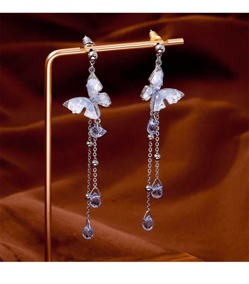 Luxurious Gradient Crystal Butterfly Waterdrop Tassel Earrings Fashion Sweet Personality Round Face Women's Jewelry Accessories