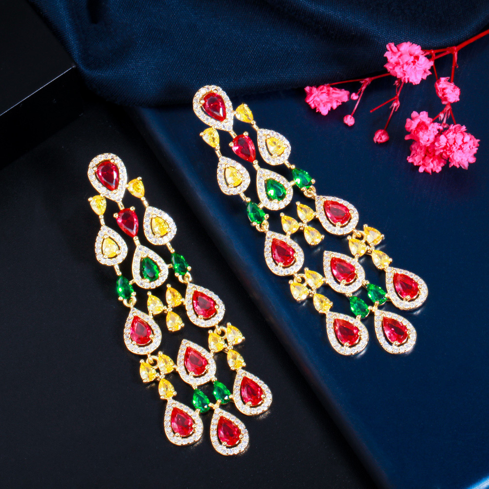 1 Pair Copper Style Earrings S925 Silver Needle Micro Inlaid Cubic Zirconia Stone Earrings Colorful Long Tassel Earrings  Fashion Show Banquet Dress Accessories Suitable For Women To Wear On Dates Or Banquets