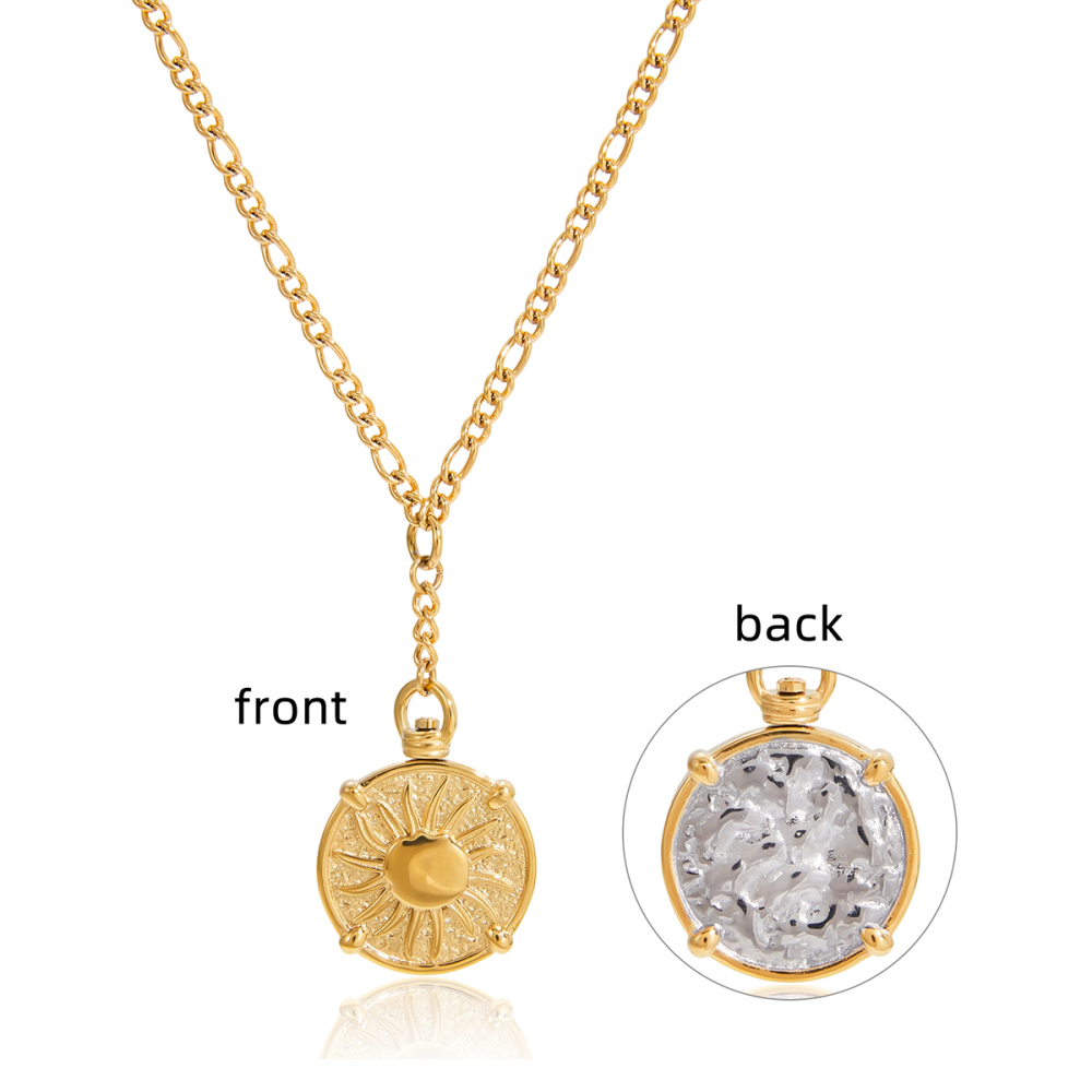 Designer Ladies Classic Style Coin Pendant Necklace 18K Gold Stainless Steel Dual Color Hard Coin Sun Hammer Pattern 50+5cm