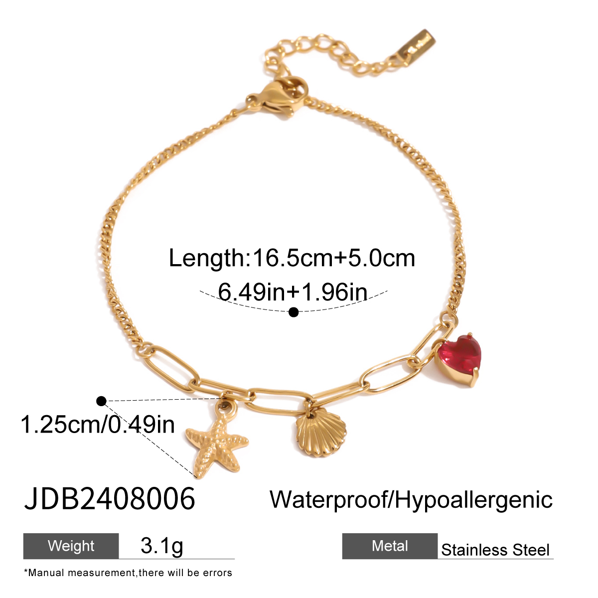 304 Stainless Steel Starfish Shell Lightning PVD Coated 18K Real Gold Plated Simple Style Classic Style Streetwear Bracelets