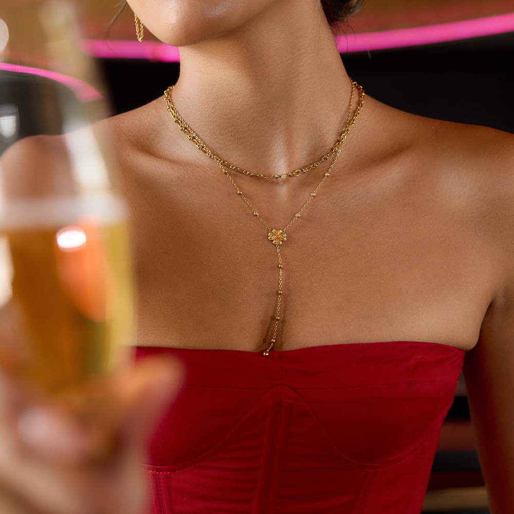 Women's Classic Style 18K Gold Stainless Steel Four-Leaf Clover Bead Necklace Y-Chain Necklace 42+5CM