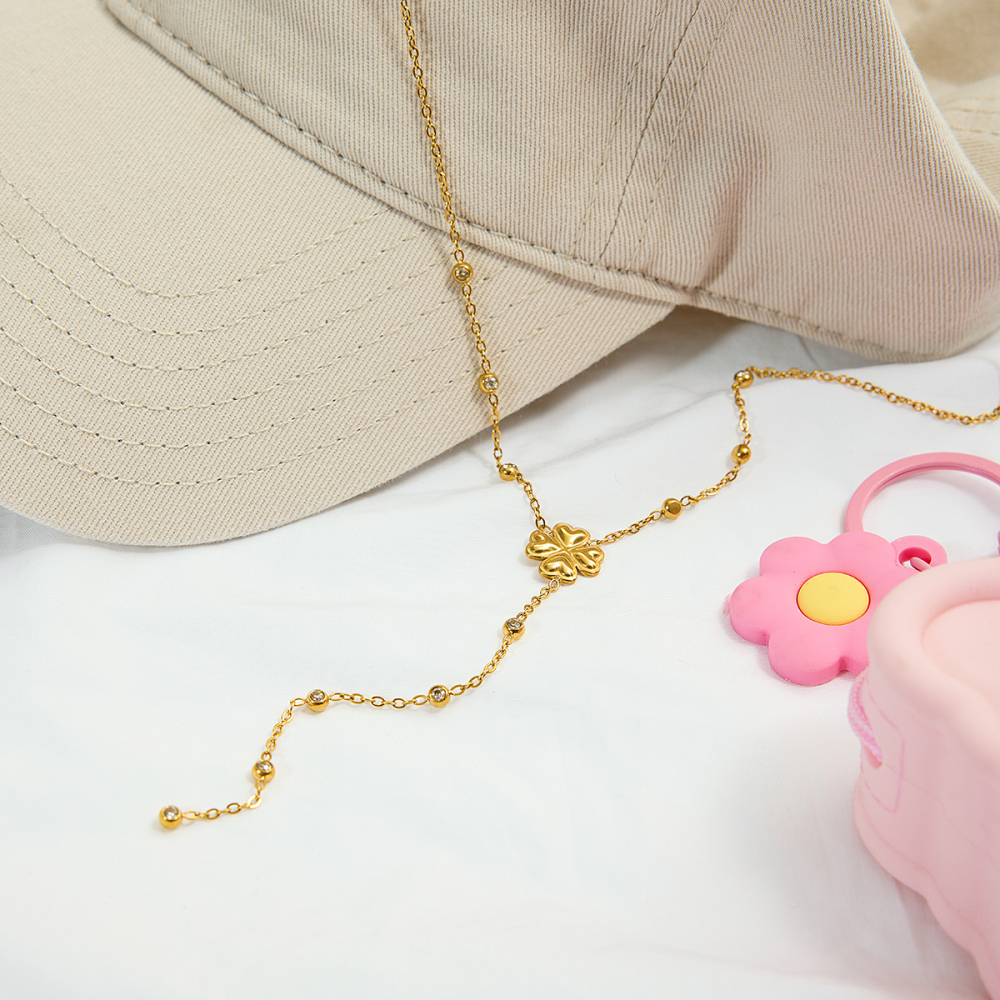 Women's Classic Style 18K Gold Stainless Steel Four-Leaf Clover Bead Necklace Y-Chain Necklace 42+5CM