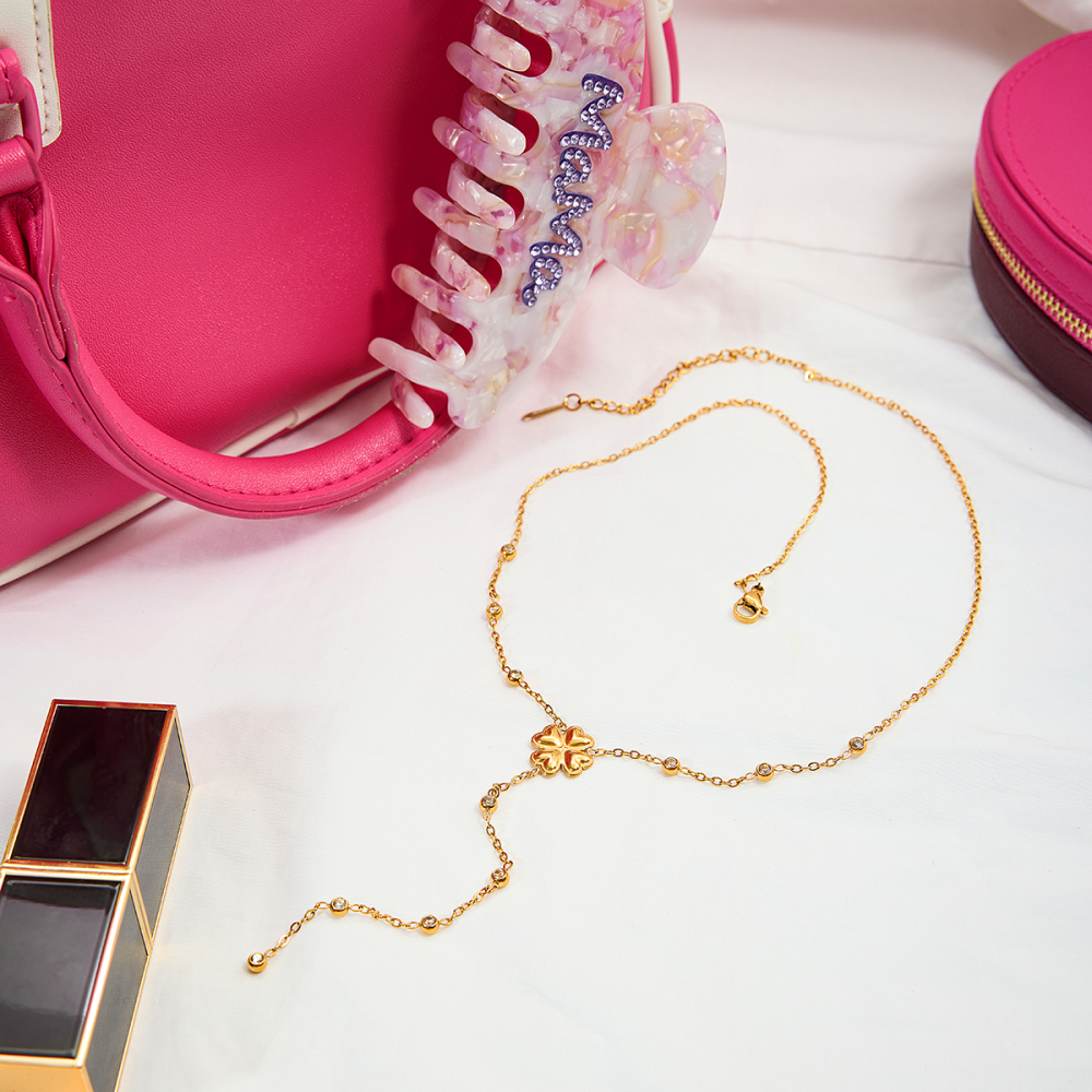 Women's Classic Style 18K Gold Stainless Steel Four-Leaf Clover Bead Necklace Y-Chain Necklace 42+5CM