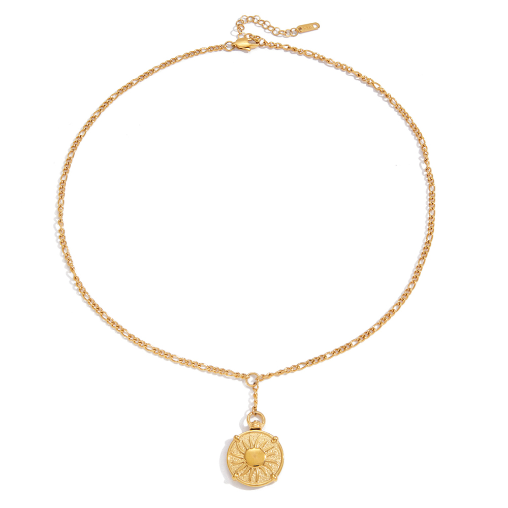Designer Ladies Classic Style Coin Pendant Necklace 18K Gold Stainless Steel Dual Color Hard Coin Sun Hammer Pattern 50+5cm