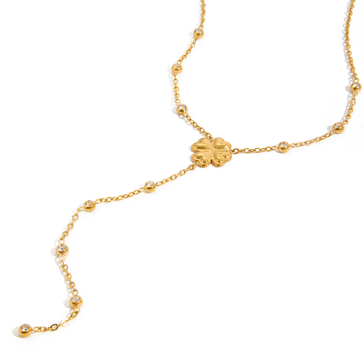 Women's Classic Style 18K Gold Stainless Steel Four-Leaf Clover Bead Necklace Y-Chain Necklace 42+5CM