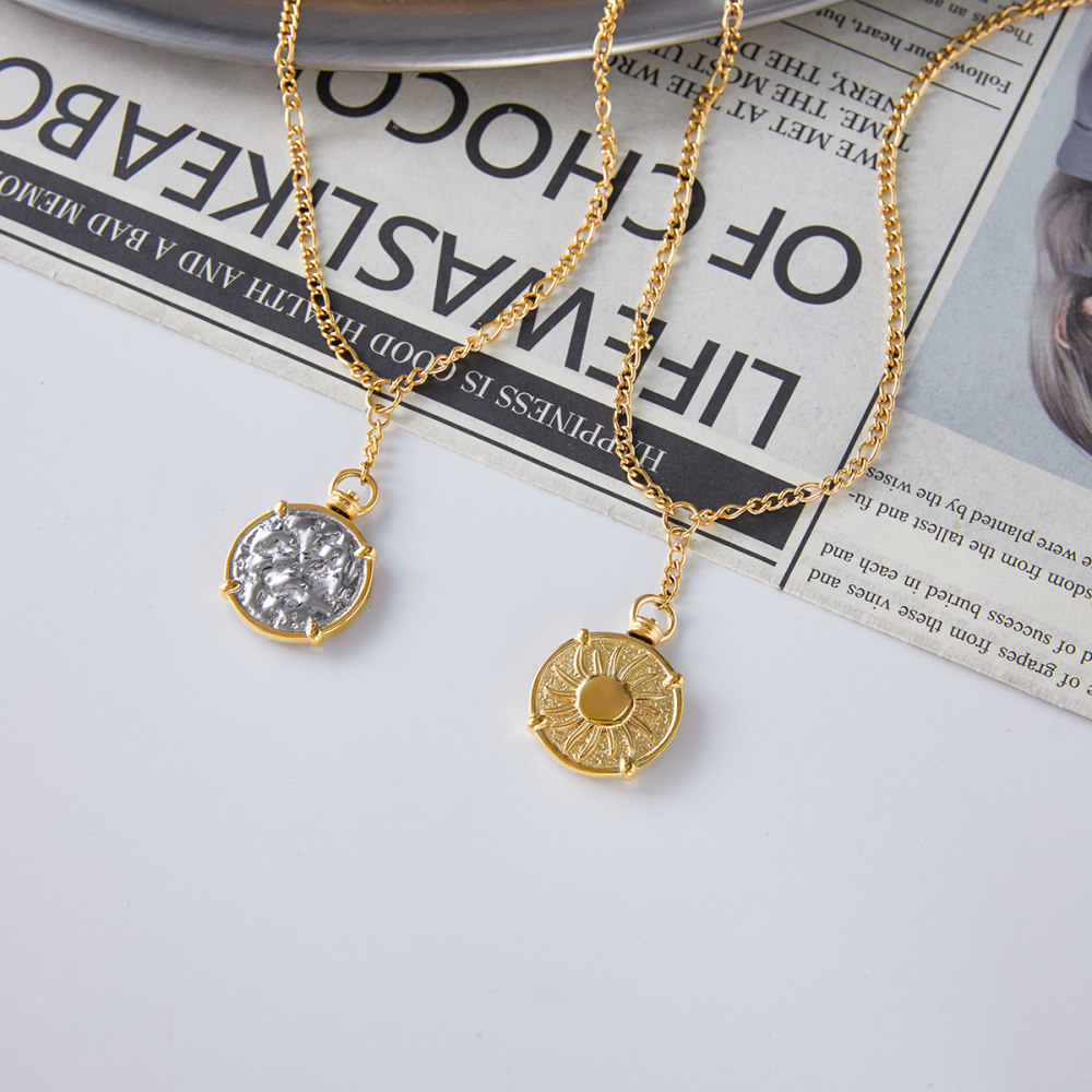 Designer Ladies Classic Style Coin Pendant Necklace 18K Gold Stainless Steel Dual Color Hard Coin Sun Hammer Pattern 50+5cm