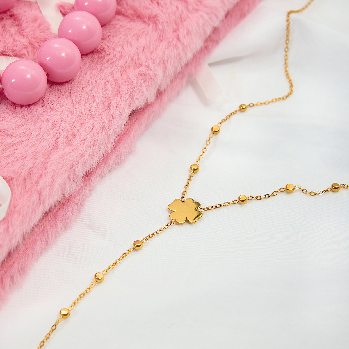 Women's Classic Style 18K Gold Stainless Steel Four-Leaf Clover Bead Necklace Y-Chain Necklace 42+5CM