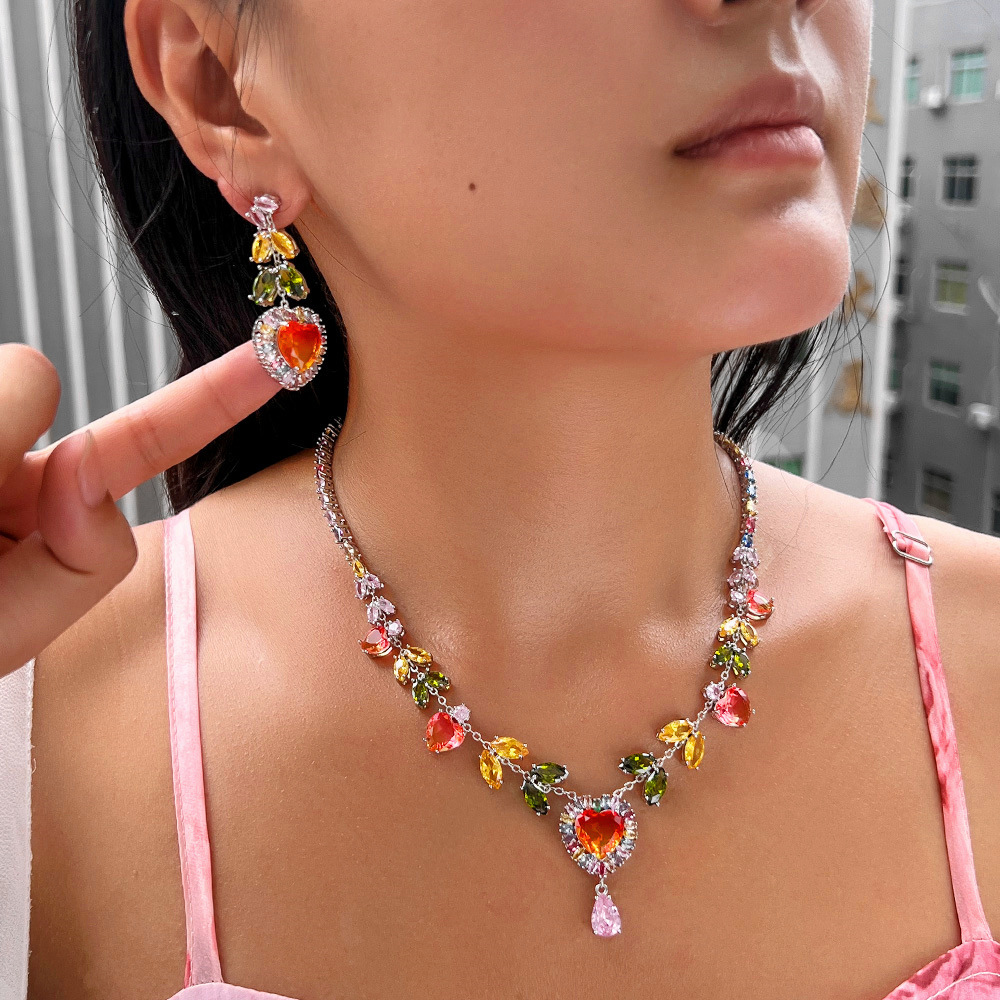 1 Set Of Copper Jewelry Suit (1 Necklace And 1 Pair Of Earrings) Fashion Trend Rainbow Necklace And Earrings Suite Suit Color Zircon Peach Heart Design Dinner Party Dress Wedding Dress Accessories Suitable For Women's Wedding Or Date Wear