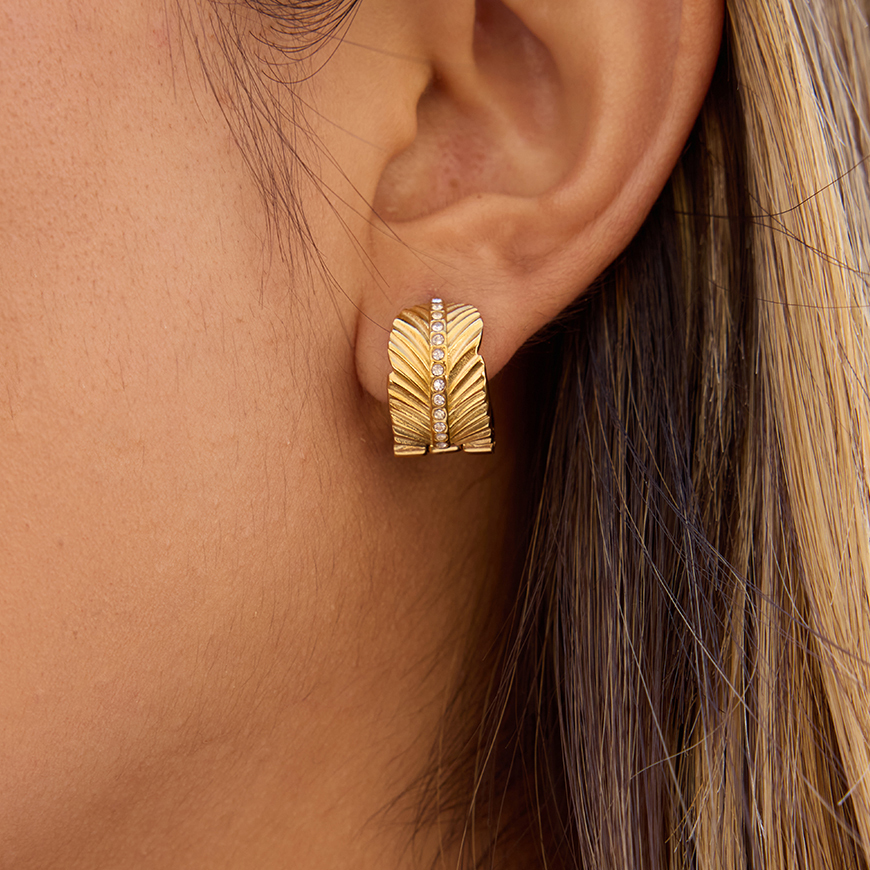 Women - Classic Style / 18K Gold 304 Stainless Steel + Rhinestones + Geometric Pattern / Leaf Earrings With White Diamonds