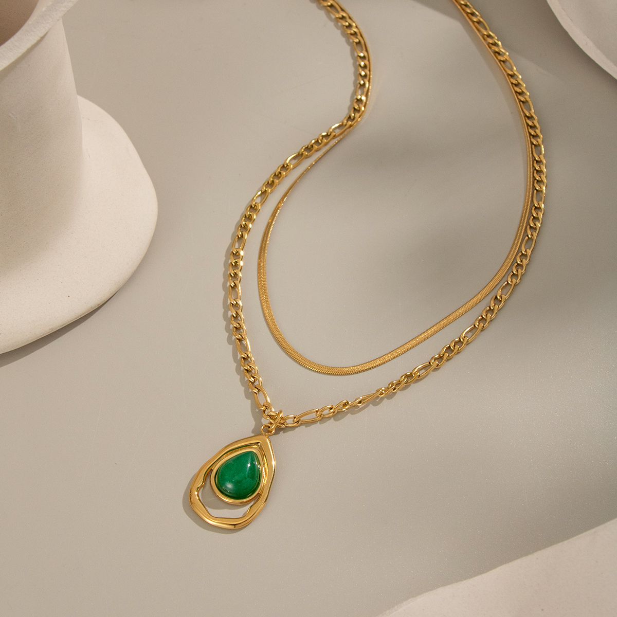 Elegant Natural Stone Waterdrop Green Double Layer Necklace Fashionable Stainless Steel 18K Gold Plated Women's Jewelry Accessory