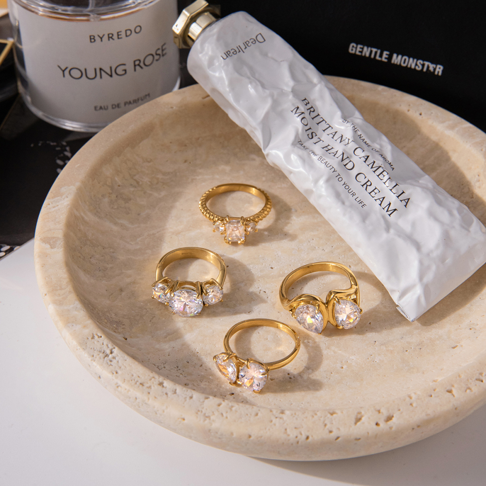 Women's Classic Style 18K Gold Stainless Steel + Zircon White Water Drop Zircon Ring Size 7
