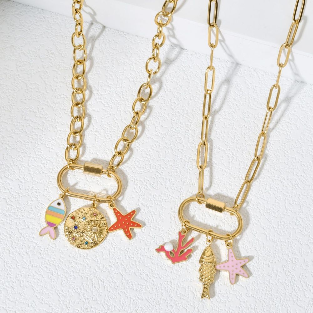 Stainless Steel Pendant Necklace DIY Fish Starfish Ocean Theme Accessories Climbing Buckle Clavicle Chain Jewelry For Women