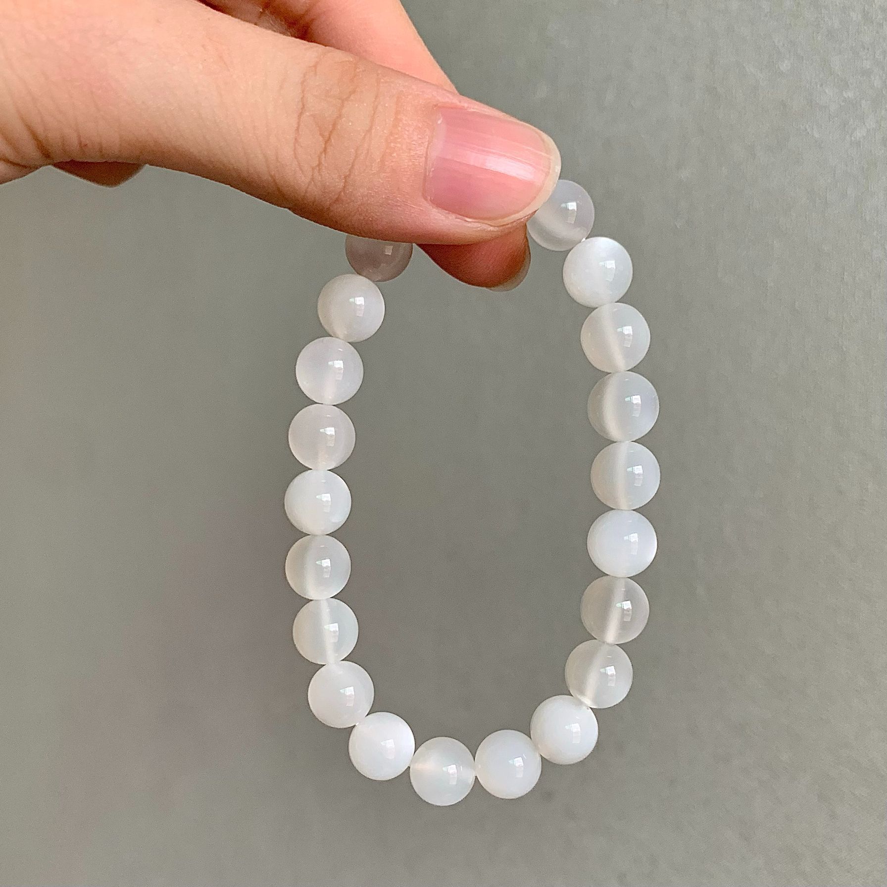 Natural White Moonstone Bracelet Strong Cat's Eye Body Transparent Crystal Gem Classic Round Bead Geometric Pattern Polished
