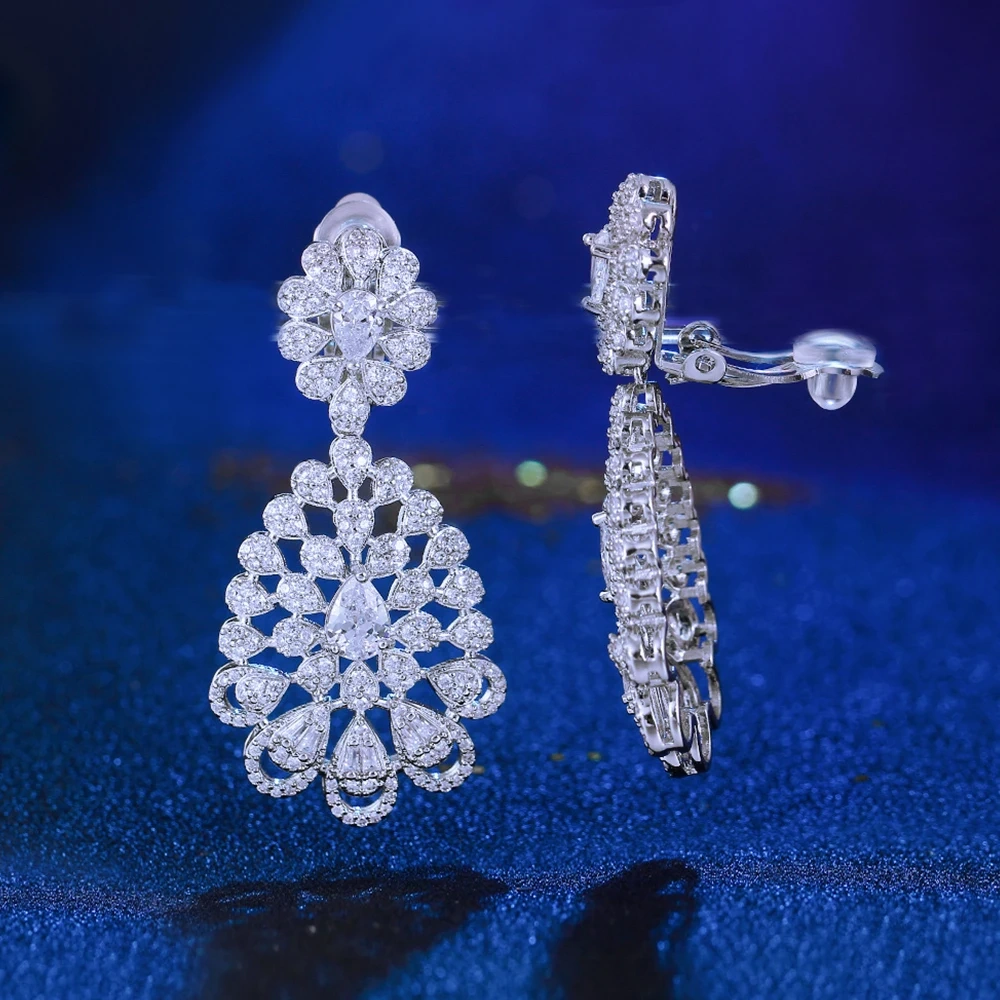 Fashion White Cubic Zirconia Clip-On Earrings Suitable For Wedding Party Bride Long Dangling Non-Pierced Earrings For Women