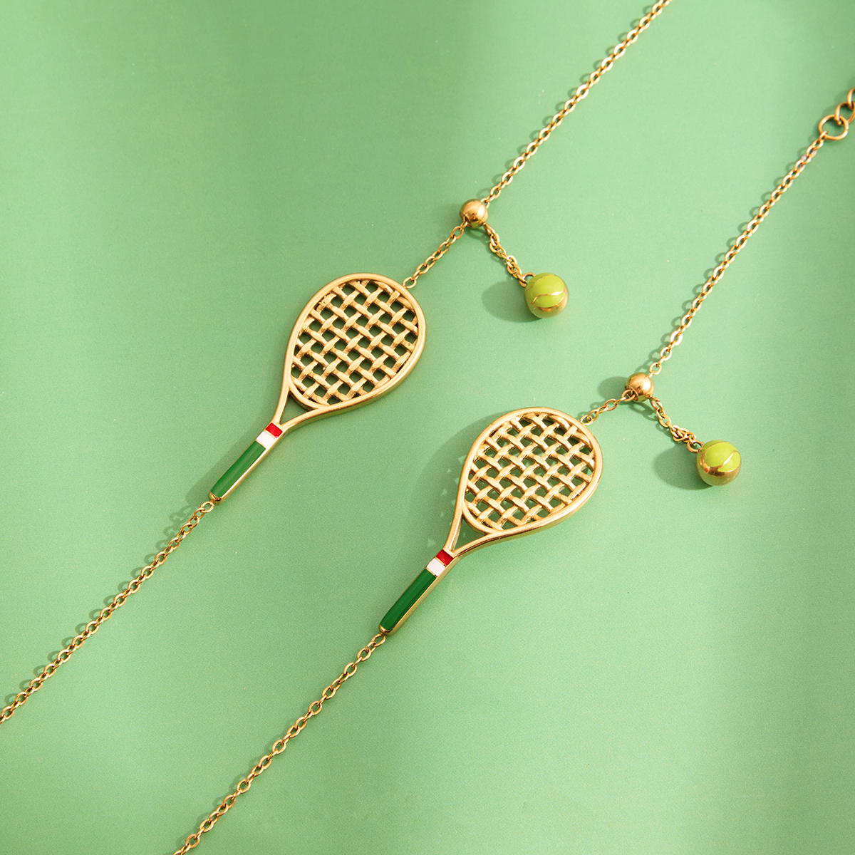 Ladies' Sporty Style Tennis Racket Pendant Necklace Bracelet Set Stainless Steel Green Drip Oil Colorful Jewelry Accessories