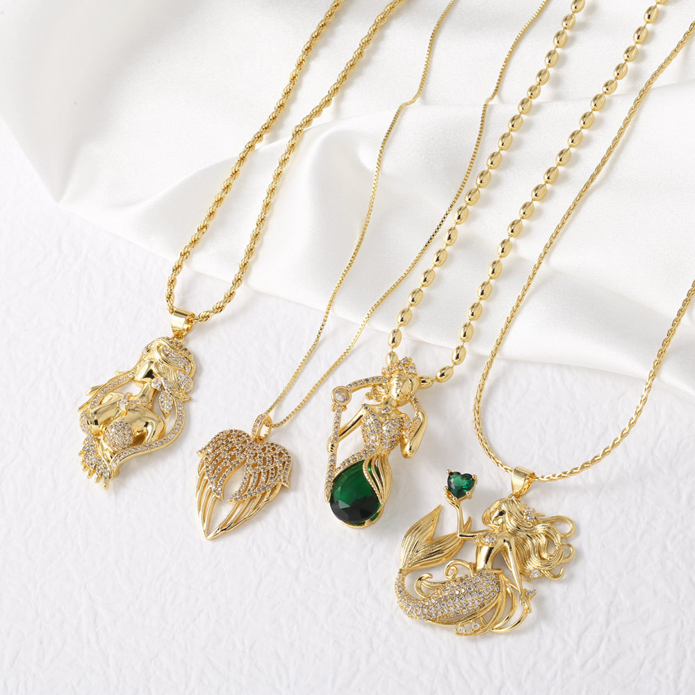 AS Jewelry Cross-Border Hot Selling Micro Pave Zircon Copper Plated 18K Gold Mermaid Pendant Necklace Clavicle Chain For Women Nkb140