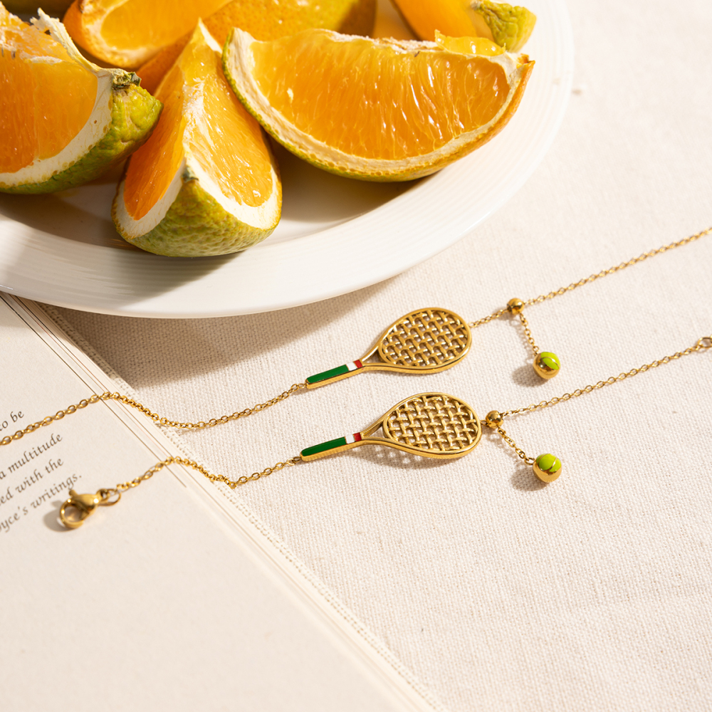 Ladies' Sporty Style Tennis Racket Pendant Necklace Bracelet Set Stainless Steel Green Drip Oil Colorful Jewelry Accessories