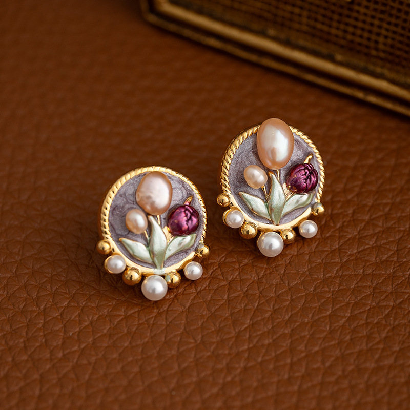 Natural Pearl Floral Earrings Women's French Vintage Monet Garden Ear Studs New Chinese Court Style Jewelry Accessories