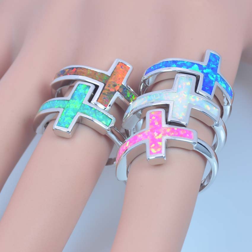 Blue Cross Opal Ring Tiktok Bestseller Ins Style Women's And Unisex Geometric Pattern Copper Jewelry Accessories