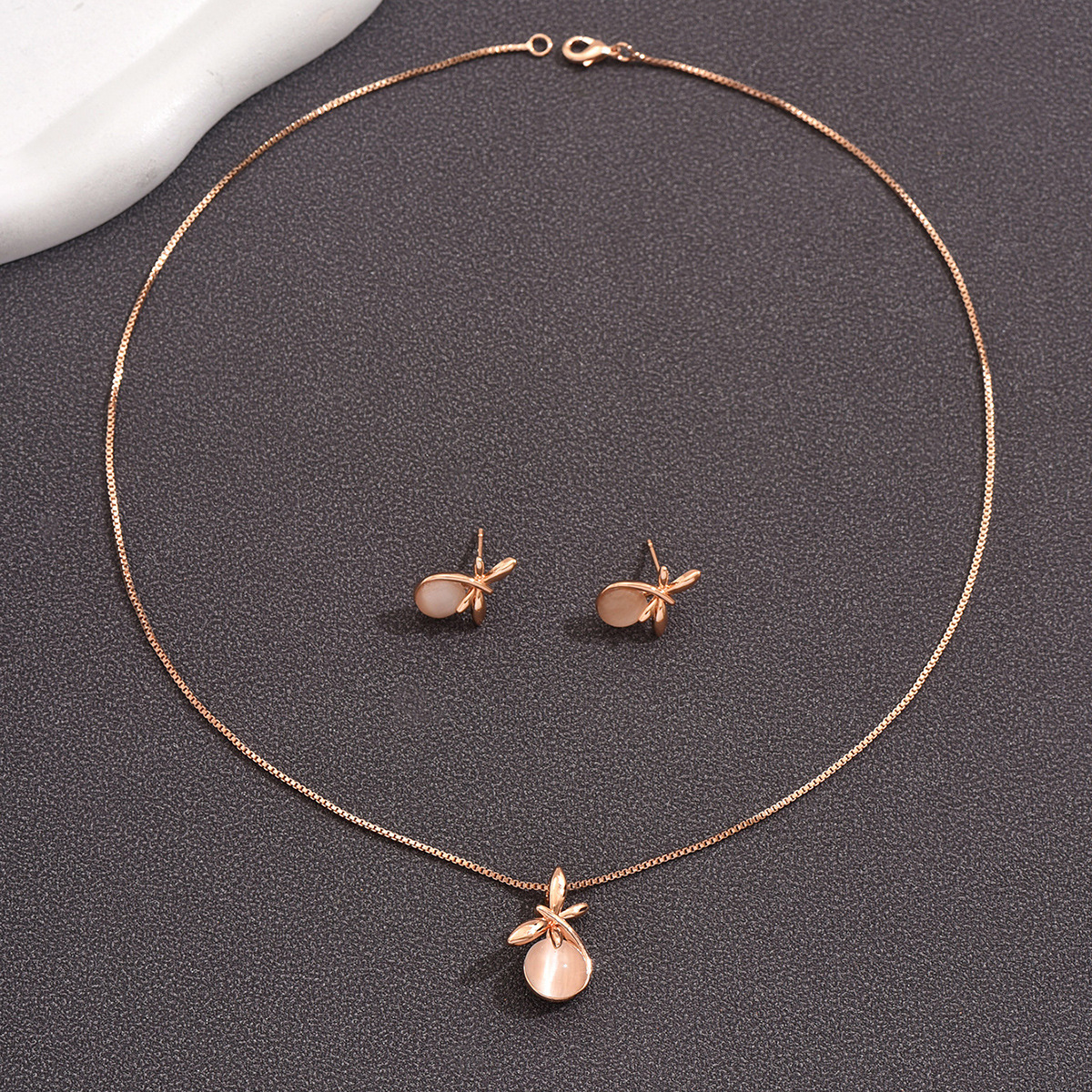 Handmade Cat Eye Stone Jewelry Set For Women Simple  Rose Gold Geometric Pattern Butterfly Inlaid Gemstone