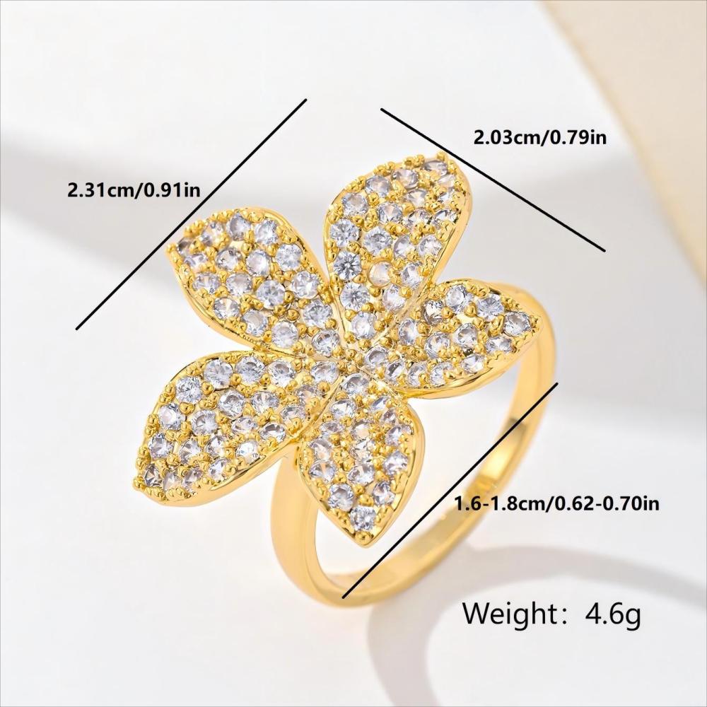 1 Piece Copper Inlaid Zircon Material Gorgeous Flower Shape Fashion Exquisite Ladies Ring Party Banquet Accessories Adult