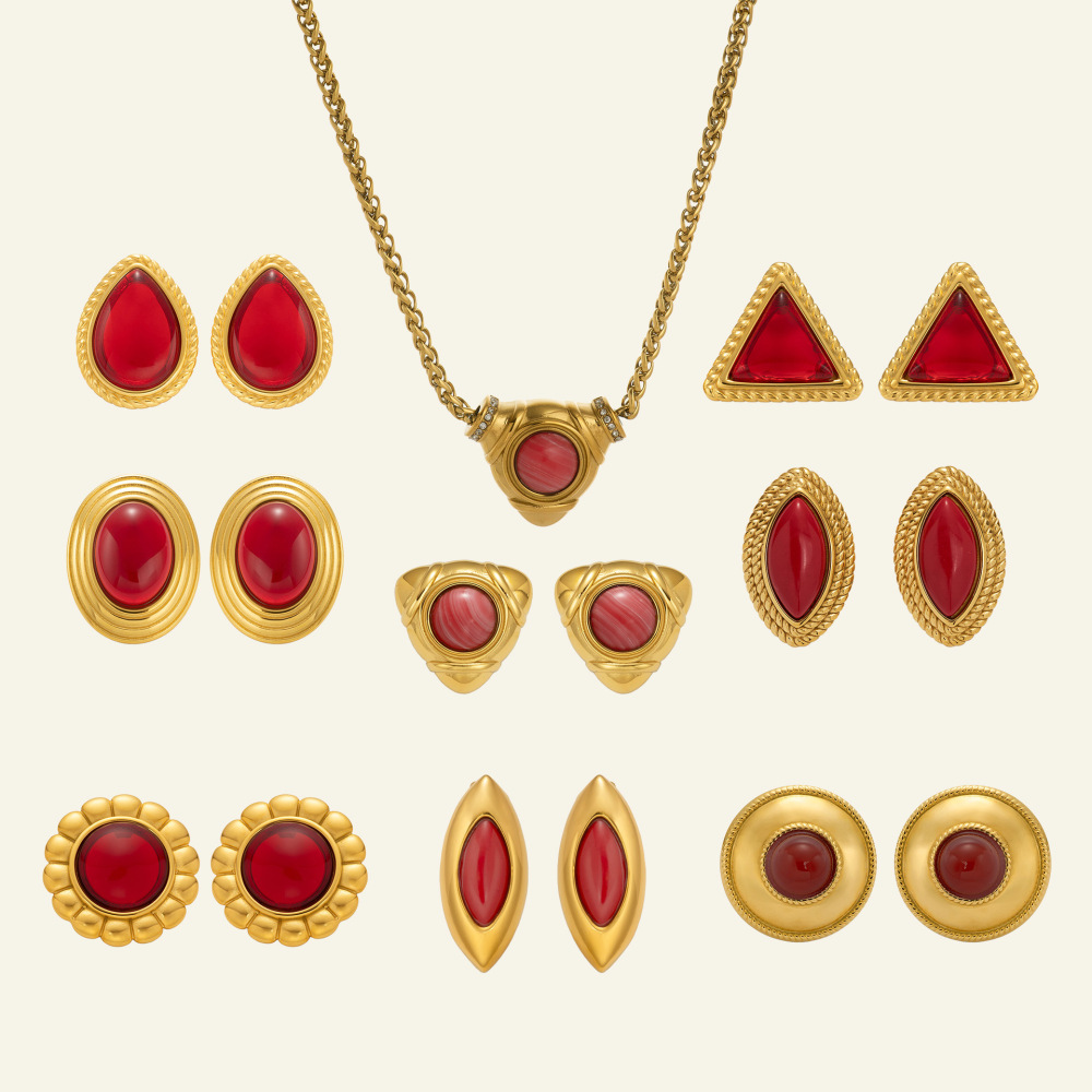 Red Ruby Necklace Earring Set Luxury Sensation 18K Stainless Steel Geometric Pattern Casual Style Women's Jewelry Accessories