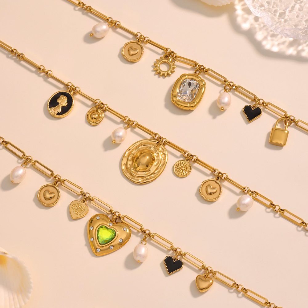 Handmade Stainless Steel Zirconia Heart Pearl Necklace 18K Gold Plated Multi-Accessories Geometric Pattern Jewelry For Women