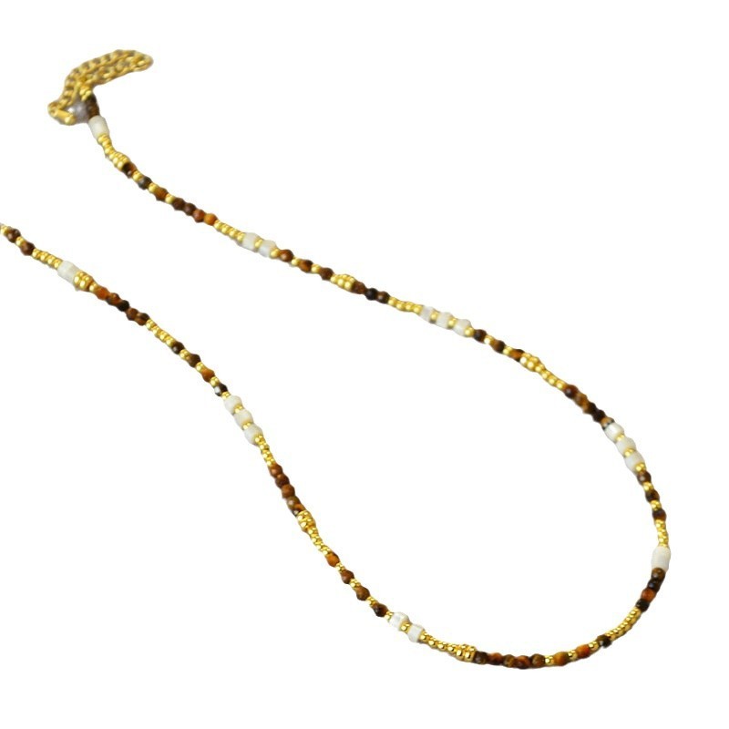 French Vintage Design Shell Beads Tiger Eye Stones Necklace Collarbone Chain Women Simple Elegance Jewelry Accessories
