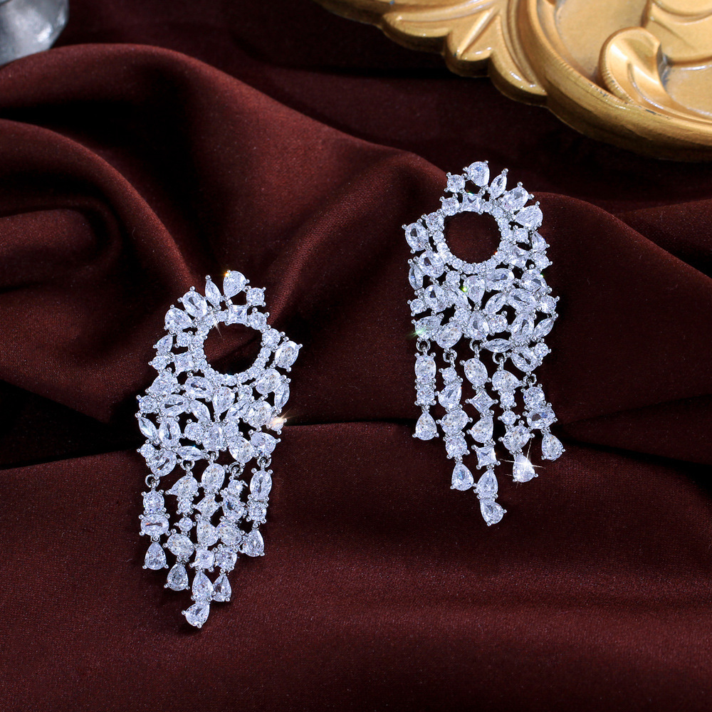 Elegant Long Tassel Zirconium Stone Copper Earrings Wedding Suitable Women's Date Jewelry Accessories Polished Finish