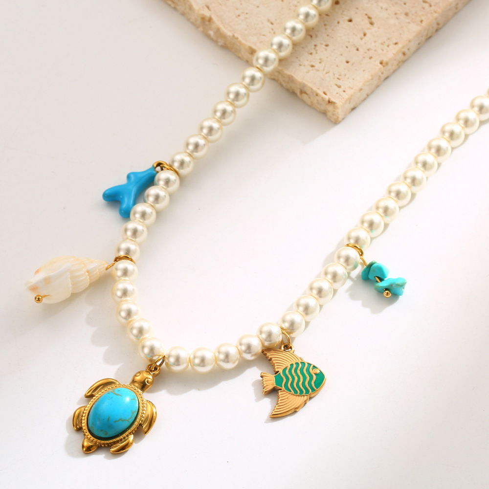 Elegant Ocean Elements Heart-shaped Octopus Turtle Pearl Pendant Necklace Geometric Pattern Titanium Steel Women Jewelry Accessories Minimalist Style