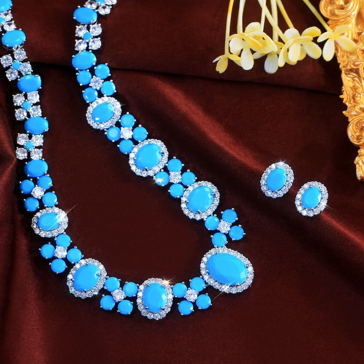 Water Plated White Gold Copper Material Inlaid Blue Turquoise/Zircon Women's Wedding Necklace Earring Set Two-Piece Set Palladium Plated