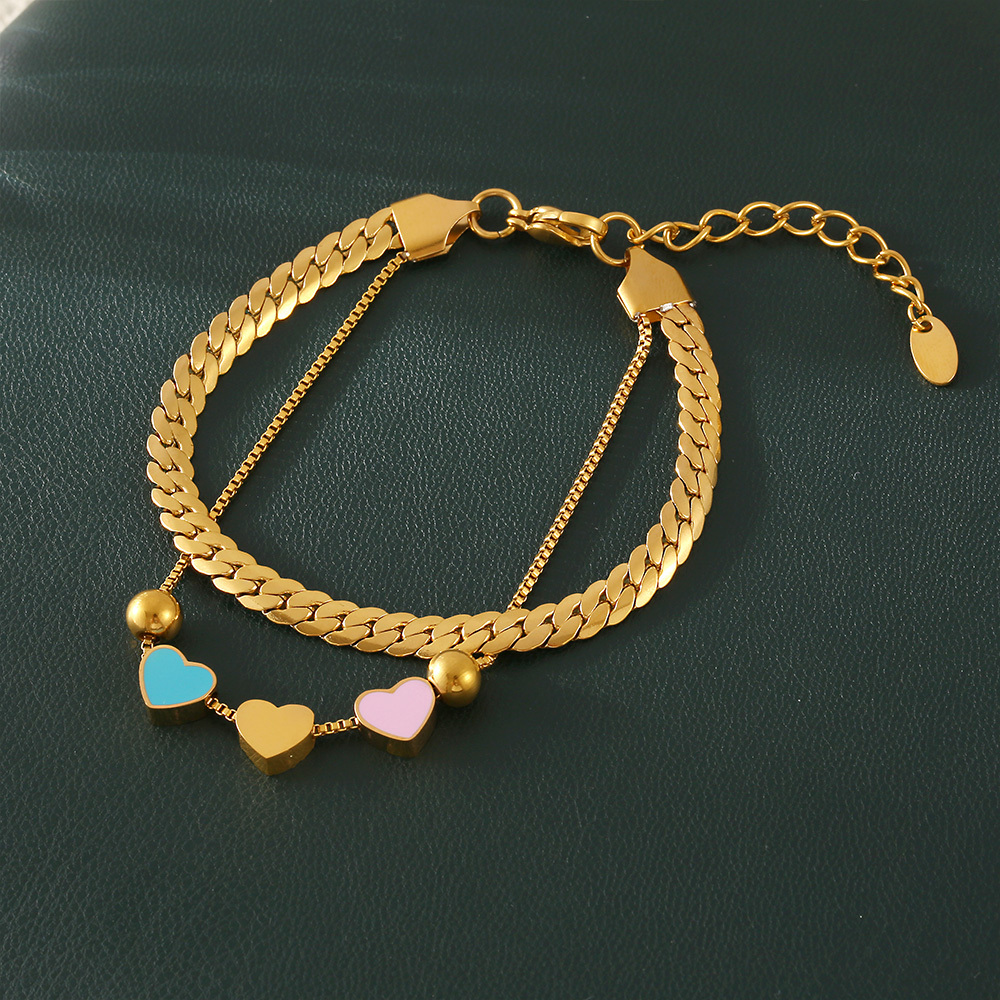 304 Stainless Steel Heart Shape PVD Coated Real Gold Plated Retro Vacation Waterproof Non Tarnish Enamel Bracelets Necklace