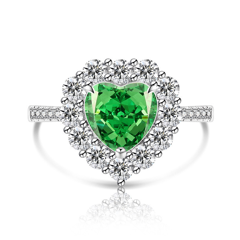 Fashion Heart-shaped Plated Platinum Ring Simple Luxurious Ice Crystal Cut Colored Gemstone High Carbon Diamond Ring Live Streaming Dropshipping