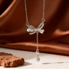 X0847 [Copper Pendant] Bowknot Tassel Necklace - Silver