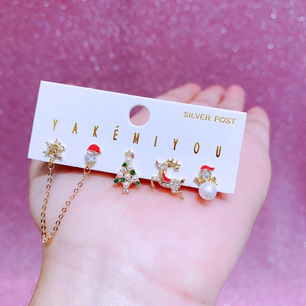 Elegant Christmas Deer Asymmetric Earrings Set 925 Silver Needle Cartoon Studs Women's Jewelry Accessories Christmas Theme