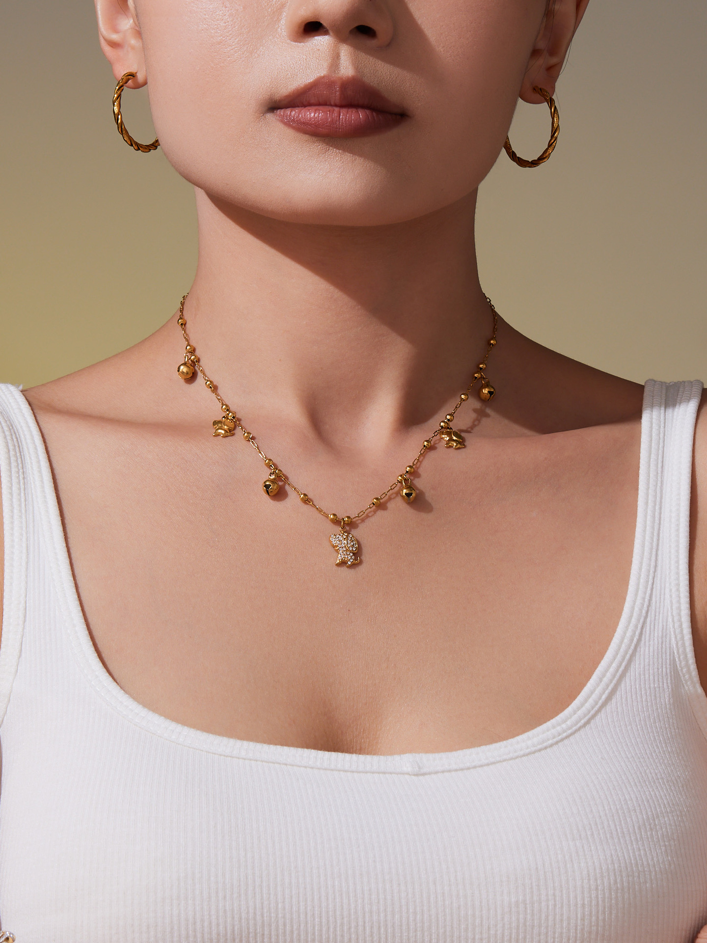 Stainless Steel 18K Gold Plated Zircon Dog Bell Shaped Bracelet Necklace Set Multi Accessories Jewelry For Women Simple Style