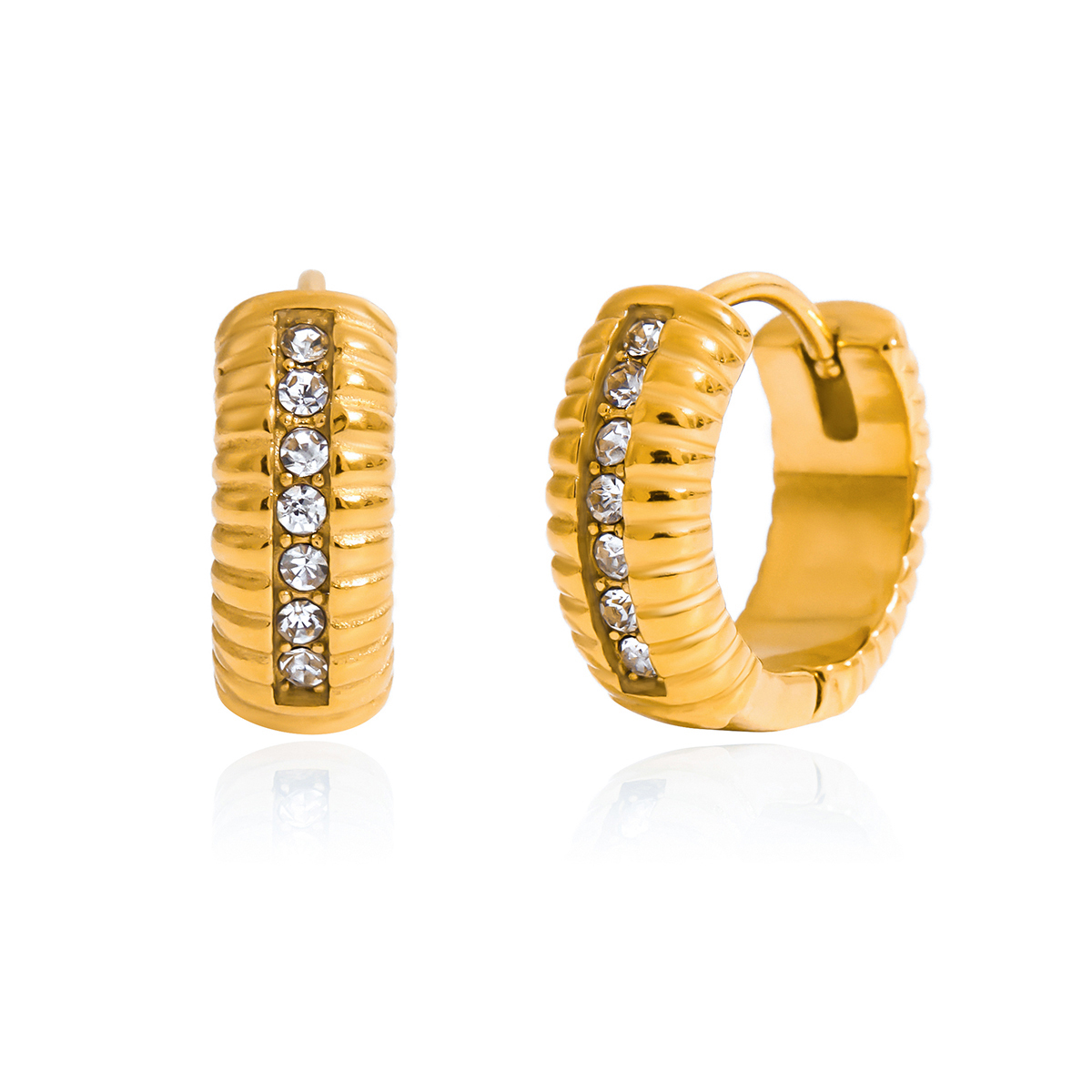 Women's Classic Style 18K Gold Stainless Steel + Rhinestone Threaded White Rhinestone Earrings Pair