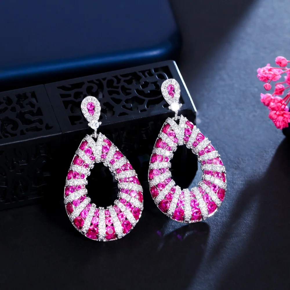 Copper Style Earrings Women Plated White Gold Thick Long Large Round Hoop Dangle Earrings Luxury Zircon Bridal Wedding Jewelry Accessories