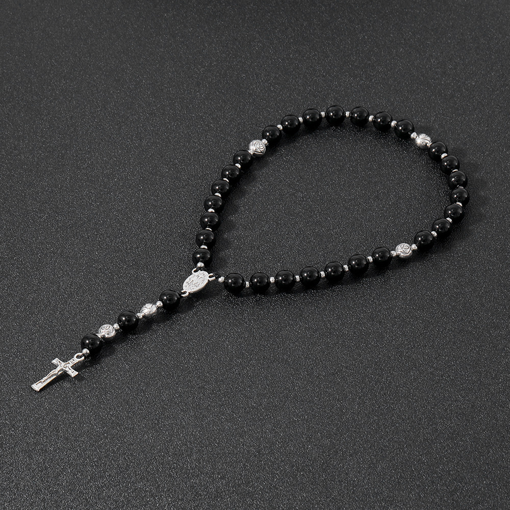 Yiwu Bracelet Wholesale Natural Indian Agate Black Agate Rosary Bracelet Cross Jewelry Handmade Beaded Accessories