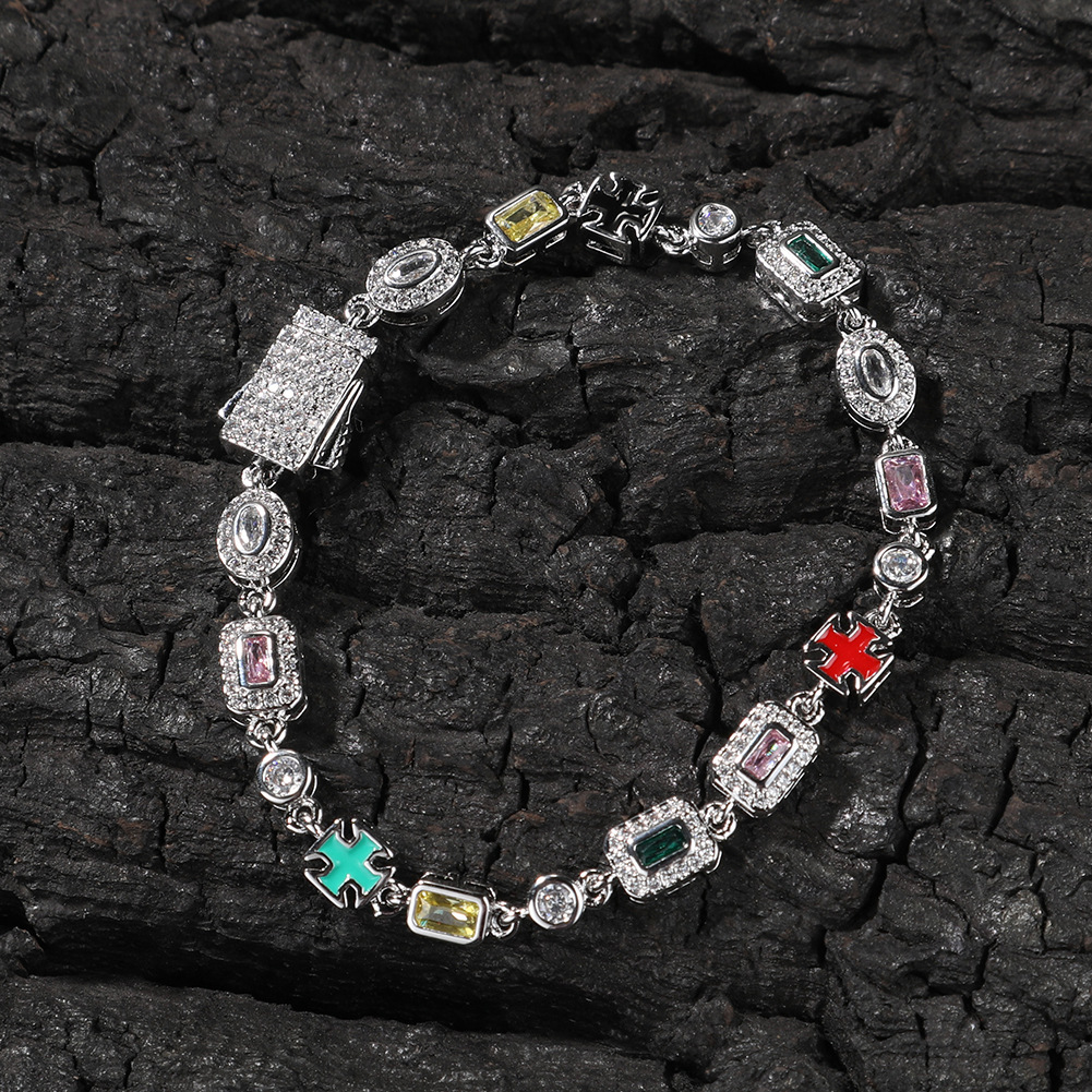 Colorful Gemstone Bracelet Unisex Hip-Hop Style Gold-Plated Copper Geometric Pattern Fashion Jewelry Inlaid Diamond Trendy Necklace Suitable For Men And Women