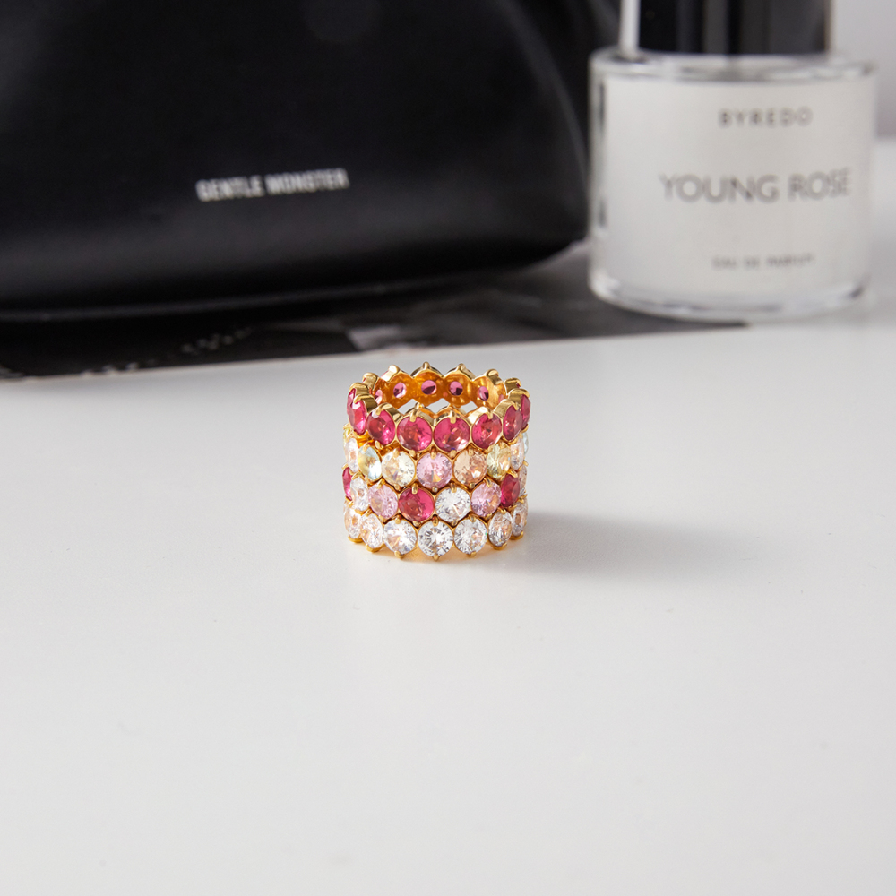 Women's Classic Style 18K Gold Stainless Steel + Zircon Inlaid Pink White Round Zircon Ring Size 7