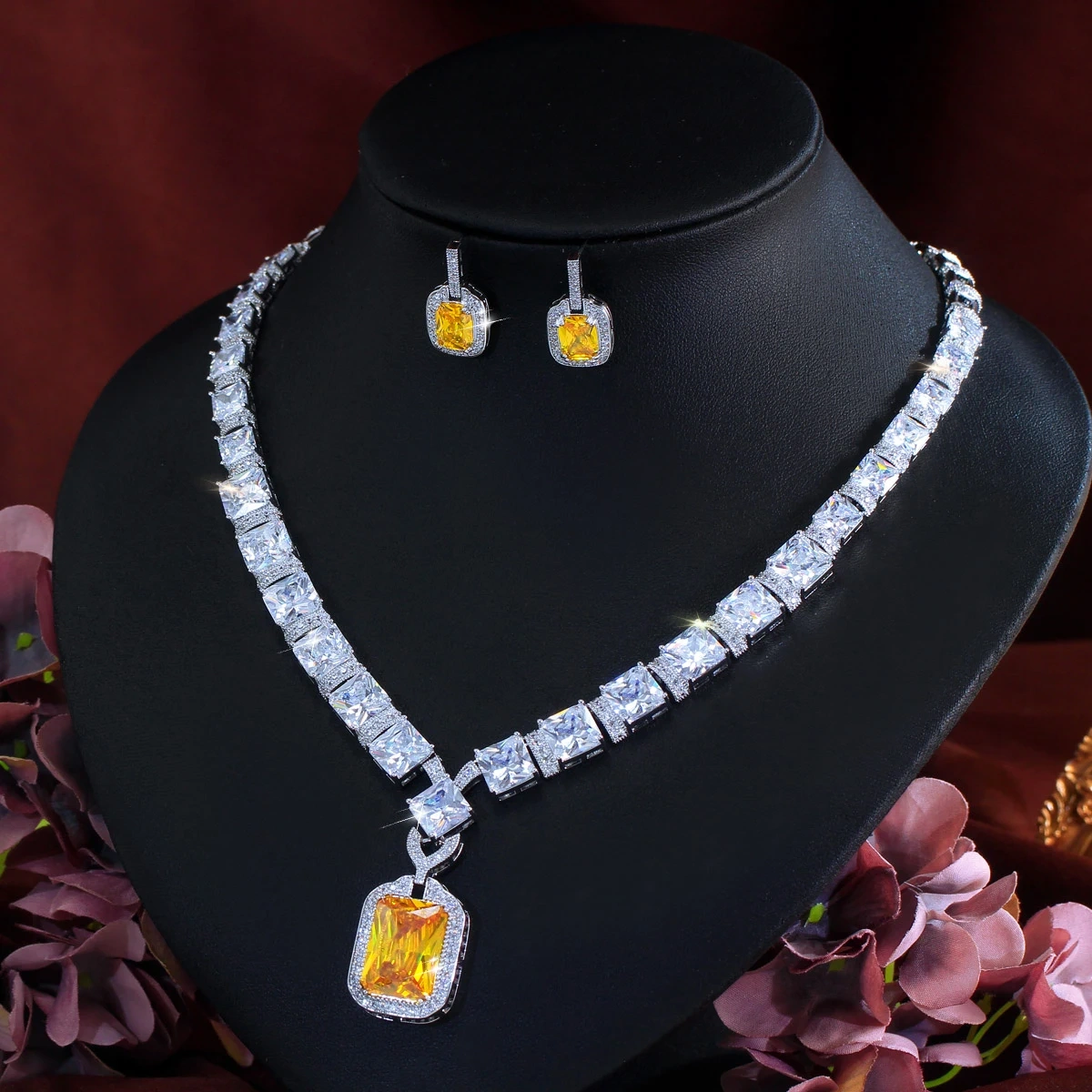 Expensive Nice Yellow Cubic Zircon Big Square Drop Earring Necklace Sets For Women Luxury Wedding Party Jewelry
