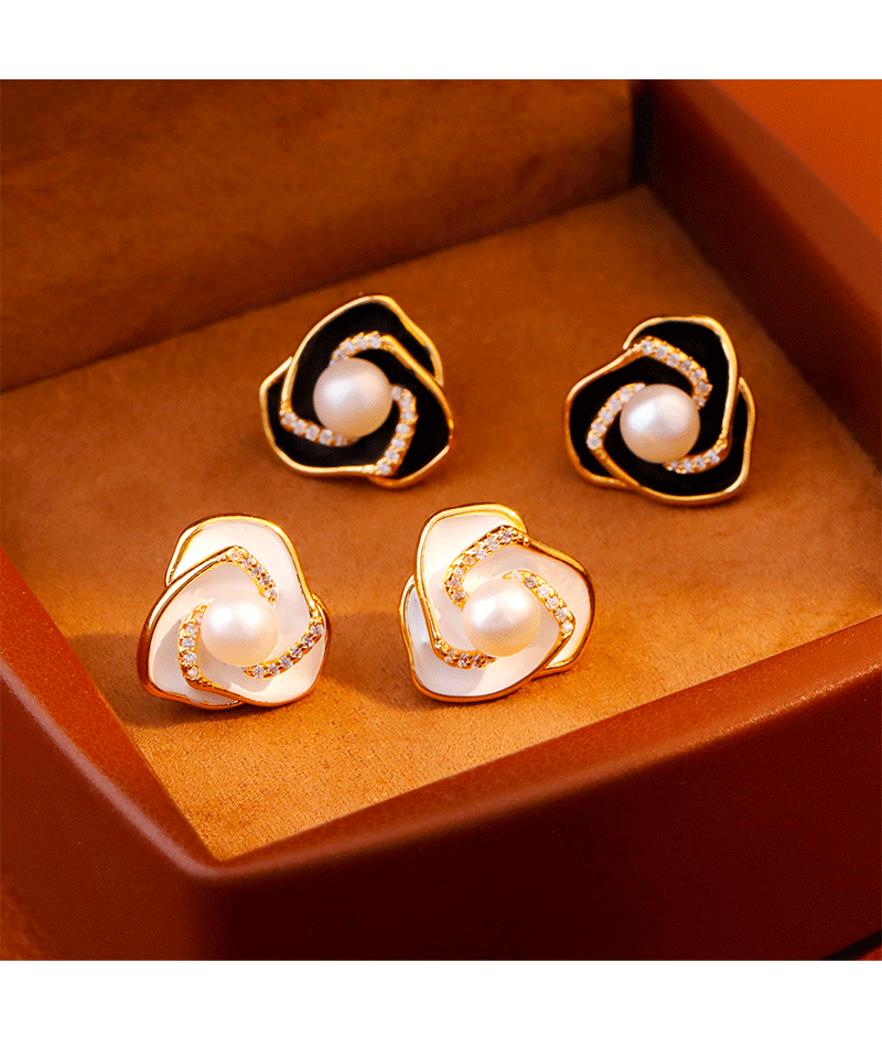 Elegant Pearl Tea Rose Earrings Women's Fashion Commute Delicate Enamel Drip Glaze Studs Trendy Jewelry Accessories